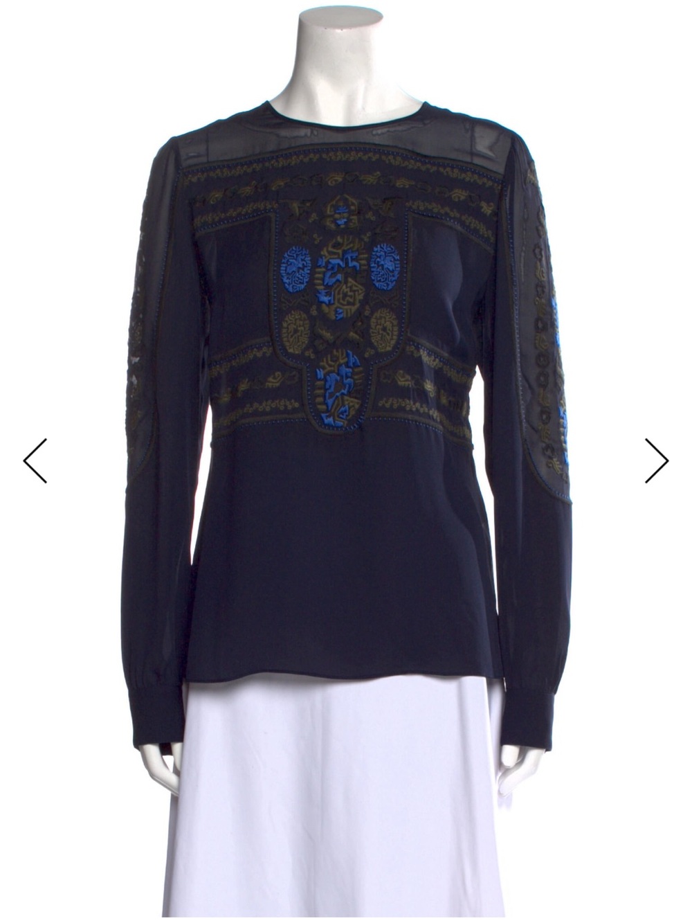 Veronica Beard Navy Long-Sleeve Embroidered Blouse